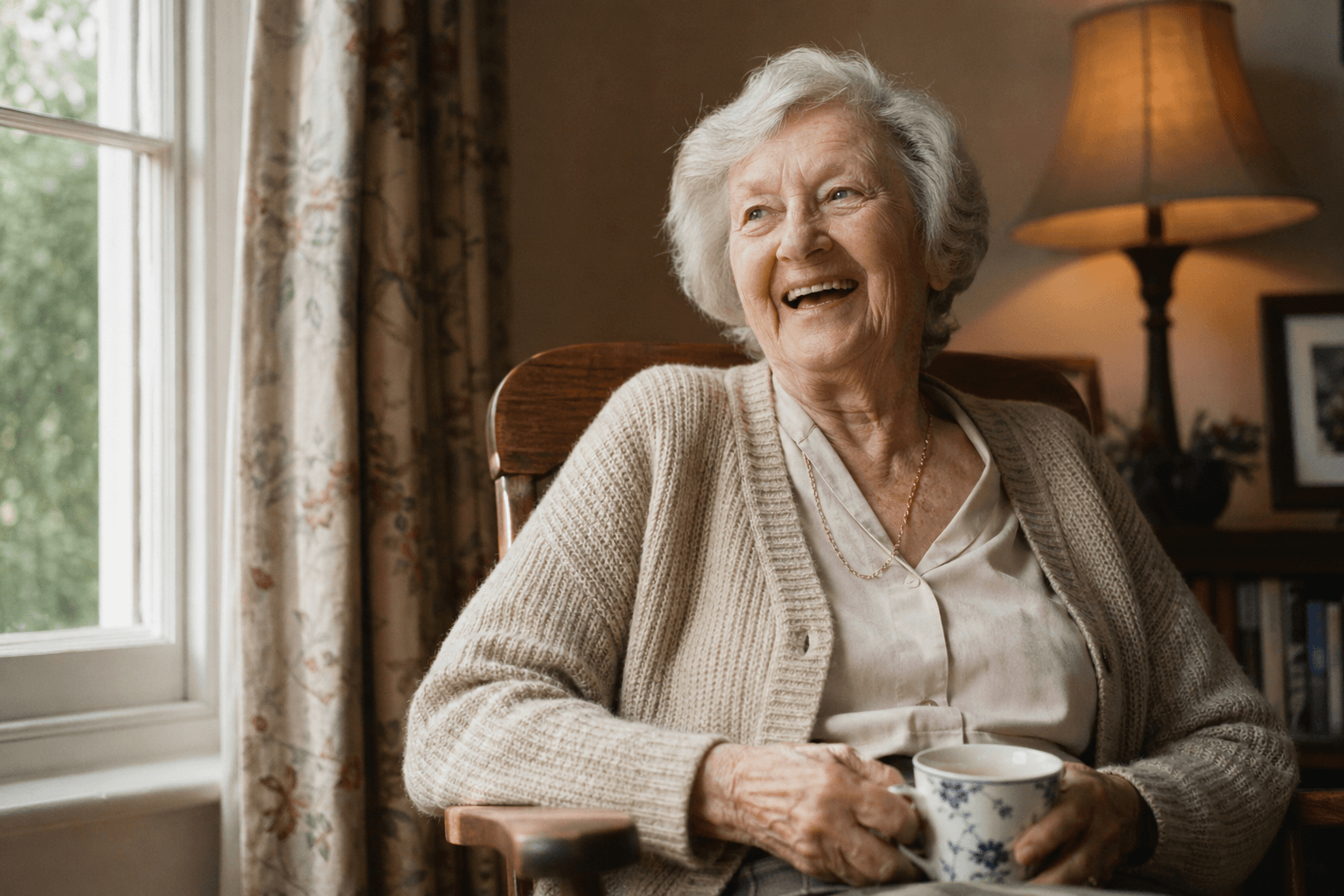 A care home manager and a carer reviewing something on a tablet together in a sunlit hallway.