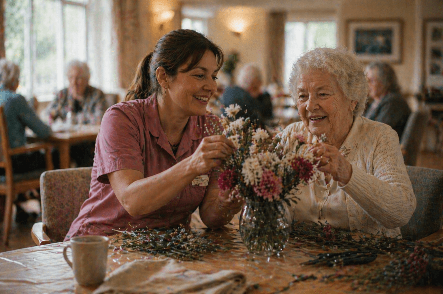 A care home manager standing confidently in her office, soft window light behind her.