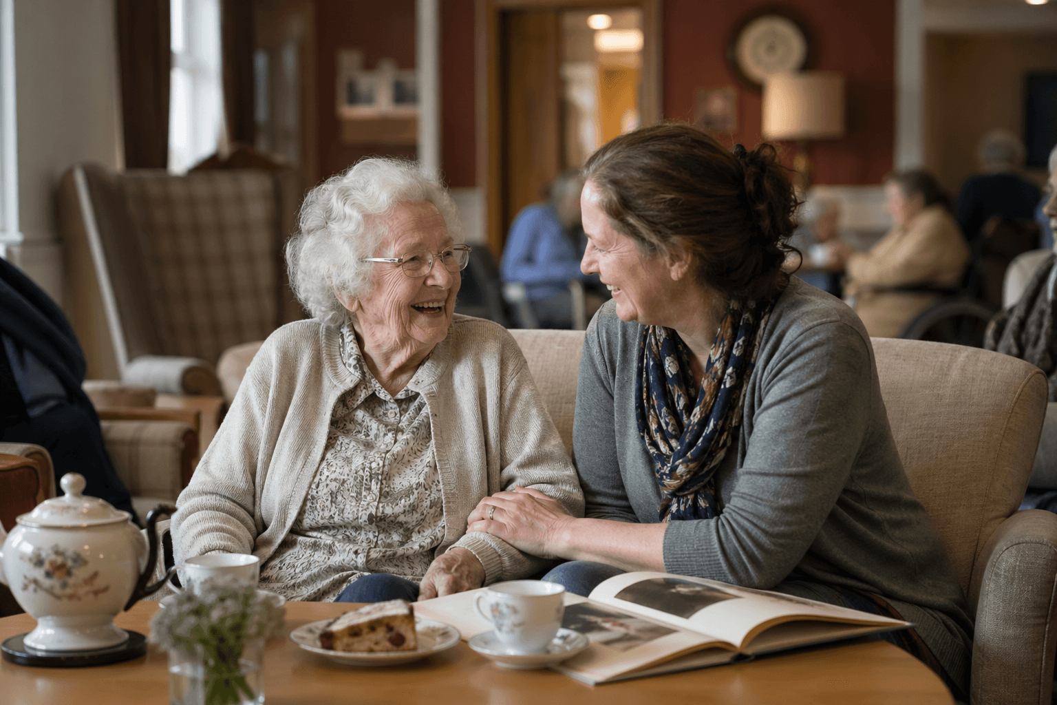 Three residents in a sunlit care home lounge with a tea set on the table, one reading the paper.