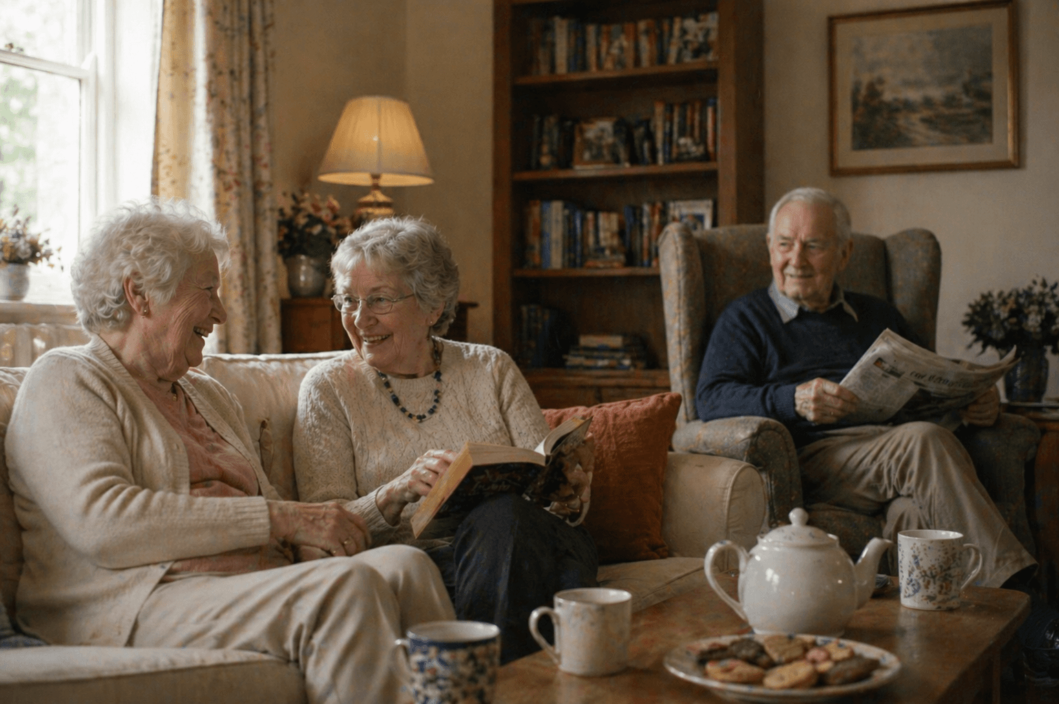 An elderly resident and a carer sharing a quiet, joyful moment in a care home lounge.