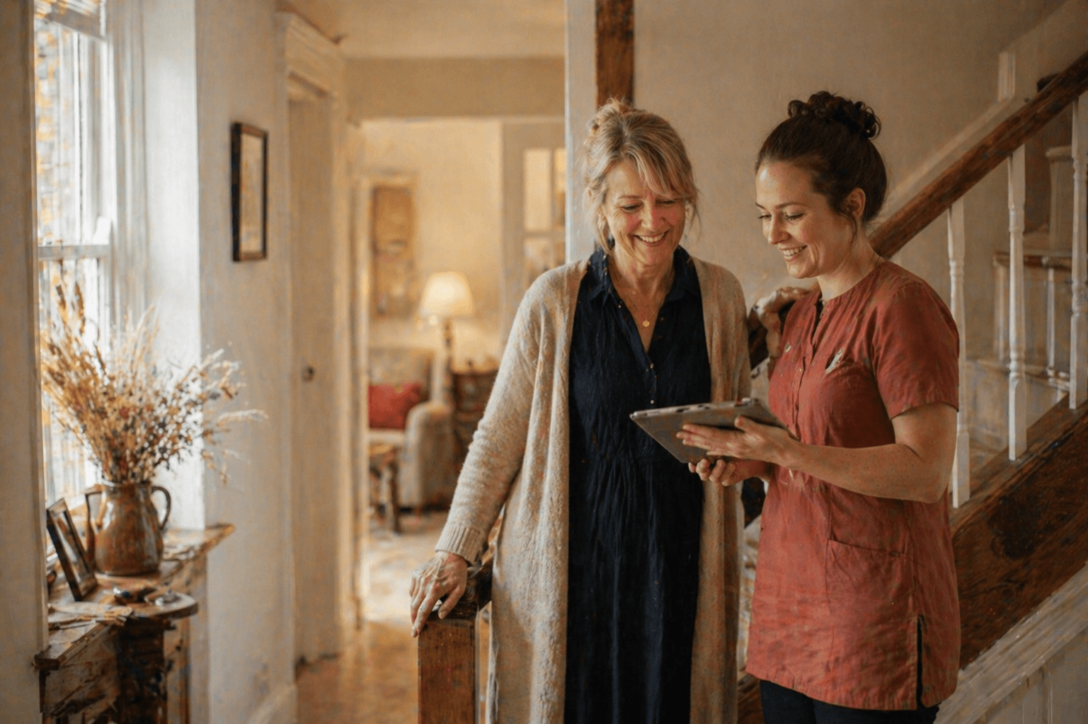 A care worker and an elderly resident arranging fresh flowers together in a sunlit care home dining room.